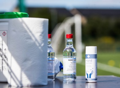 Hand sanitiser on the sideline at Shamrock Rovers training yesterday.