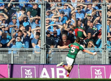 Lee Keegan celebrates scoring a goal in front of Hill 16 during the 2017 All-Ireland final.