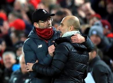 Liverpool manager Jurgen Klopp and City's Pep Guardiola.