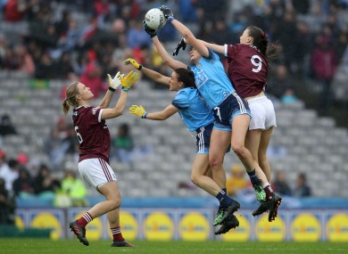 Dublin and Galway players contest a ball during last year's senior final.