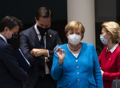 German Chancellor Angela Merkel speaks with (from left) Italy's Prime Minister Giuseppe Conte, Dutch Prime Minister Mark Rutte and European Commission President Ursula von der Leyen