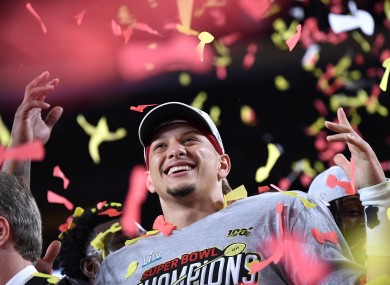 Kansas City Chiefs quarterback and Super Bowl MVP Patrick Mahomes celebrates after the Chiefs won Super Bowl LIV.