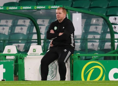 Celtic manager Neil Lennon looks dejected during the UEFA Champions League second qualifying round match.