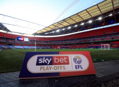 Sky Bet EFL branding pitch side during the 2019/20 Championship play-off final at Wembley.