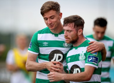 Shamrock Rovers players Ronan Finn and Jack Byrne after yesterday's game with Derry City.