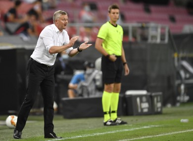 Manchester United manager Ole Gunnar Solskjaer gestures on the touchline during the game against Sevilla.