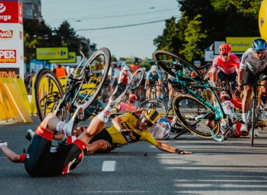 Several riders were impacted by a crash towards the end of the first stage of the Tour of Poland.