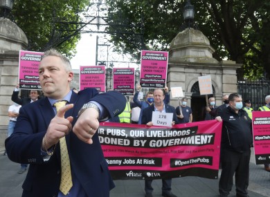 TJ MacInerney, of T.J Mac’s pub in Mullinahone, Co Tipperary, as publicans from rural Ireland protest against the 6 month closure of their businesses, and against proposed legislation to keep a record of meals ordered by their customers.
