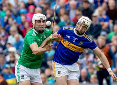Aaron Gillane of Limerick and Tipperary's Brendan Maher battling for possession during last year's Munster SHC final.