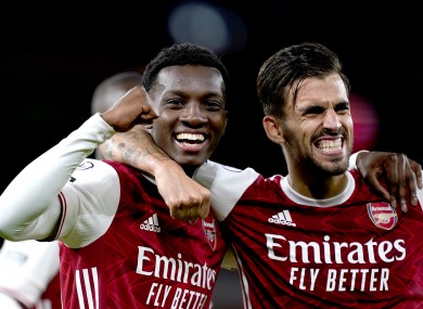 Eddie Nketiah celebrates after scoring for Arsenal.