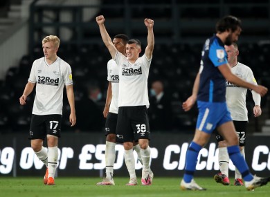 Derby County's Jason Knight celebrates scoring his side's first goal of the game during the Carabao Cup match at Pride Park, Derby.