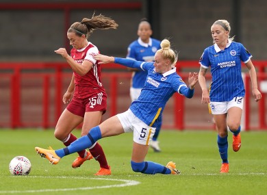 Katie McCabe is tackled by Danique Kerkdijk, with Denise O'Sullivan and Rianna Jarrett watching on.