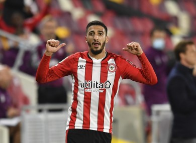 Said Benrahma celebrates after scoring Brentford's third goal against Fulham.