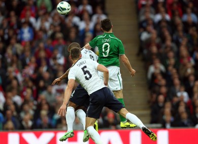 Shane Long wins a header against Gary Cahill and Glen Johnson during Ireland's last trip to Wembley seven years ago.