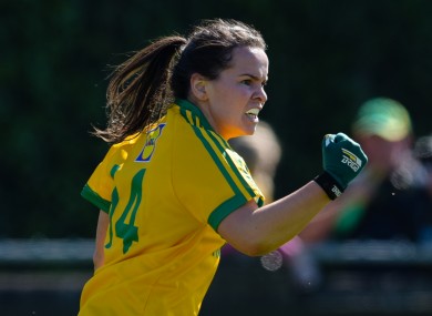 Geraldine McLaughlin celebrates scoring a goal.