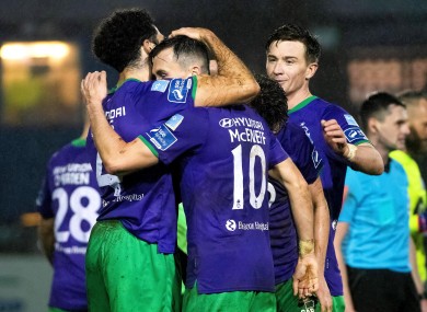 Shamrock Rovers' Roberto Lopes, Aaron McEneff, Dylan Watts and Ronan Finn celebrate winning.