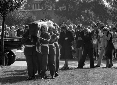 Members of the Second Parachute Regiment bearing the flag draped coffin of their colleague, Private Gary Ivan Barnes, at Ipswich. Private Barnes was the youngest victim of the Warrenpoint massacre