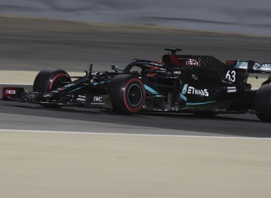 Mercedes driver George Russell steers his car during practice at Bahrain.