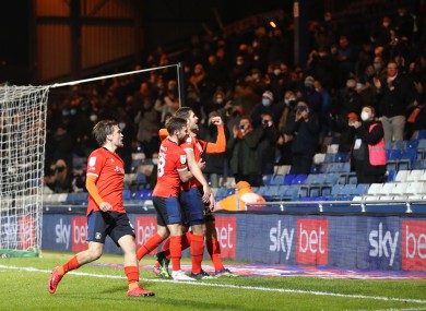 James Collins celebrates after scoring for Luton Town on a night when fans returned to Kenilworth Road.