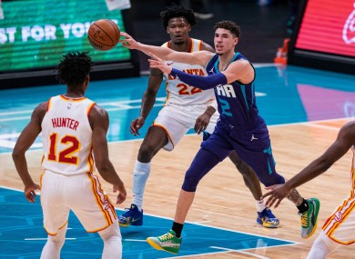 Hornets guard LaMelo Ball (2) in action against the Atlanta Hawks on Saturday night.