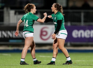Laura Sheehan celebrating after Ireland's victory over Italy in last year's Six Nations with Katie Fitzhenry.