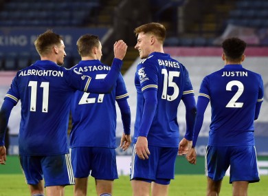 Leicester players celebrate Harvey Barnes' goal against Southampton.