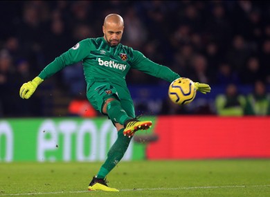 Darren Randolph pictured during West Ham United's January 2020 defeat to Leicester City.