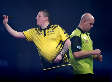 Dave Chisnall en route to a resounding victory over Michael van Gerwen this evening at Alexandra Palace.