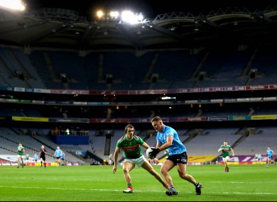 Dublin’s Ciaran Kilkenny facing Oisín Mullin of Mayo in the 2020 All-Ireland senior football final.