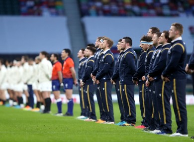 Scotland players socially distance during the national anthems.