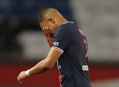 Kylian Mbappe reacts during PSG's shock defeat.