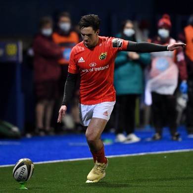 Munster's Joey Carbery kicks a conversion late in the game.