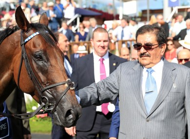 Sheikh Hamdan Al Maktoum celebrates winning the Coolmore Nunthorpe Stakes with Battaash at York.