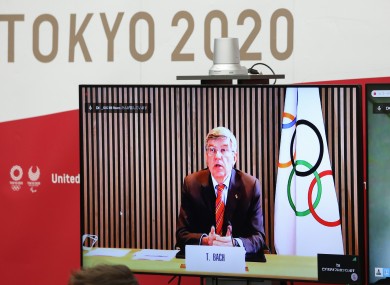 Thomas Bach speaking via video conference recently.