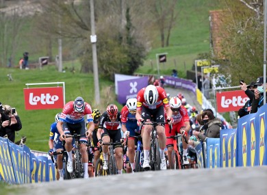The pack of riders pictured at the Paterberg climb in Kluisbergen.