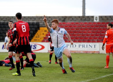 Drogheda's Hugh Douglas celebrates after finding the net.