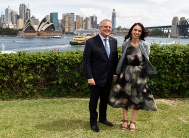 Australian Prime Minister Scott Morrison and New Zealand Prime Minister Jacinda Ardern pose for a photograph at Admiralty House in Sydney, February 2020.