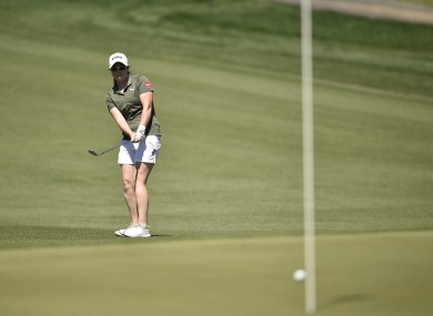 Leona Maguire chips in for an eagle on the second hole during the third round at the ANA Inspiration.