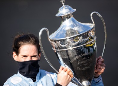 Rachel Blackmore celebrates winning the Champion Hurdle with Honeysuckle.