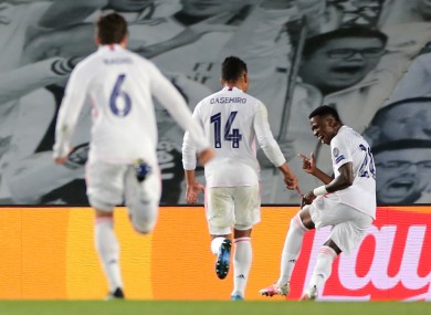 Real Madrid's Jose Vinicius Junior (right) celebrates scoring.