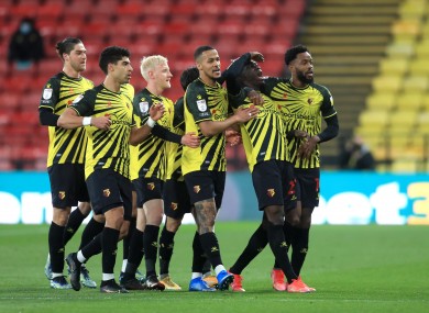 Watford celebrate their second goal.