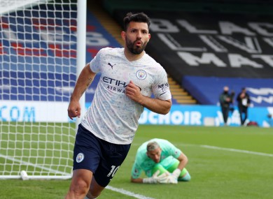 Sergio Aguero celebrates scoring Man City's first goal of the game.