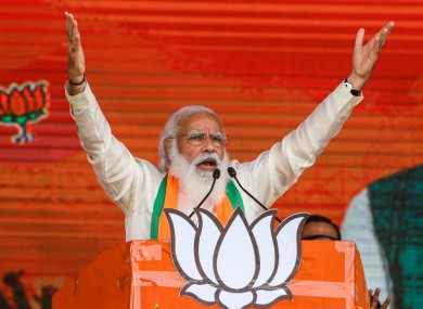 Indian Prime Minister Narendra Modi addresses a public rally ahead of West Bengal state elections in Kolkata, India.