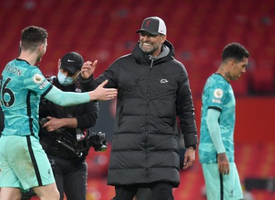 Liverpool manager Jurgen Klopp with Andrew Robertson after the Premier League match.