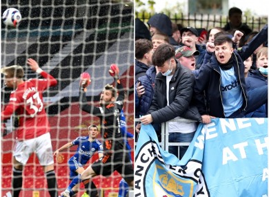 Left: Luke Thomas's stunning opener at Old Trafford. Right: Manchester City fans celebrate (file pic).
