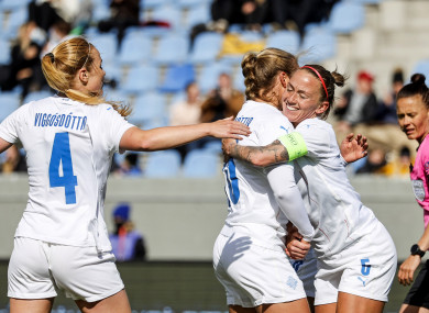 Iceland’s Agla Maria Albertsdottir celebrates after scoring a goal.