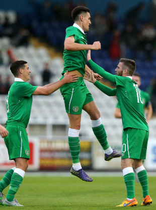 Conor Wilkinson is congratulated by Josh Cullen and Jack Byrne after scoring for Ireland in an U21 international against Lithuania.