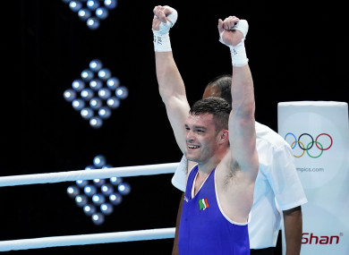 Ireland's Emmet Brennan celebrates qualifying for the Tokyo Olympics after winning the box-off.
