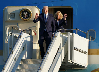 US President Joe Biden and First Lady Jill Biden arrive on Air Force One at RAF Mildenhall.