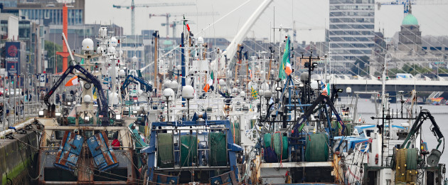 Fishing trawlers protesting about Brexit cuts to fishing quotas on the River Liffey in Dublin today.